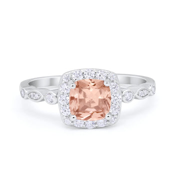 Halo Cushion Wedding Ring Bridal Simulated Morganite CZ 925 Sterling Silver